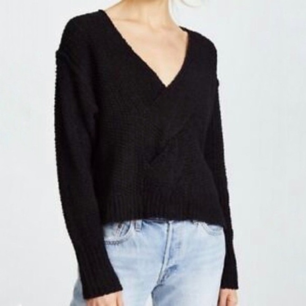 Free People Coco V-Neck Twist Detail Pullover Knit Sweater Black Size M